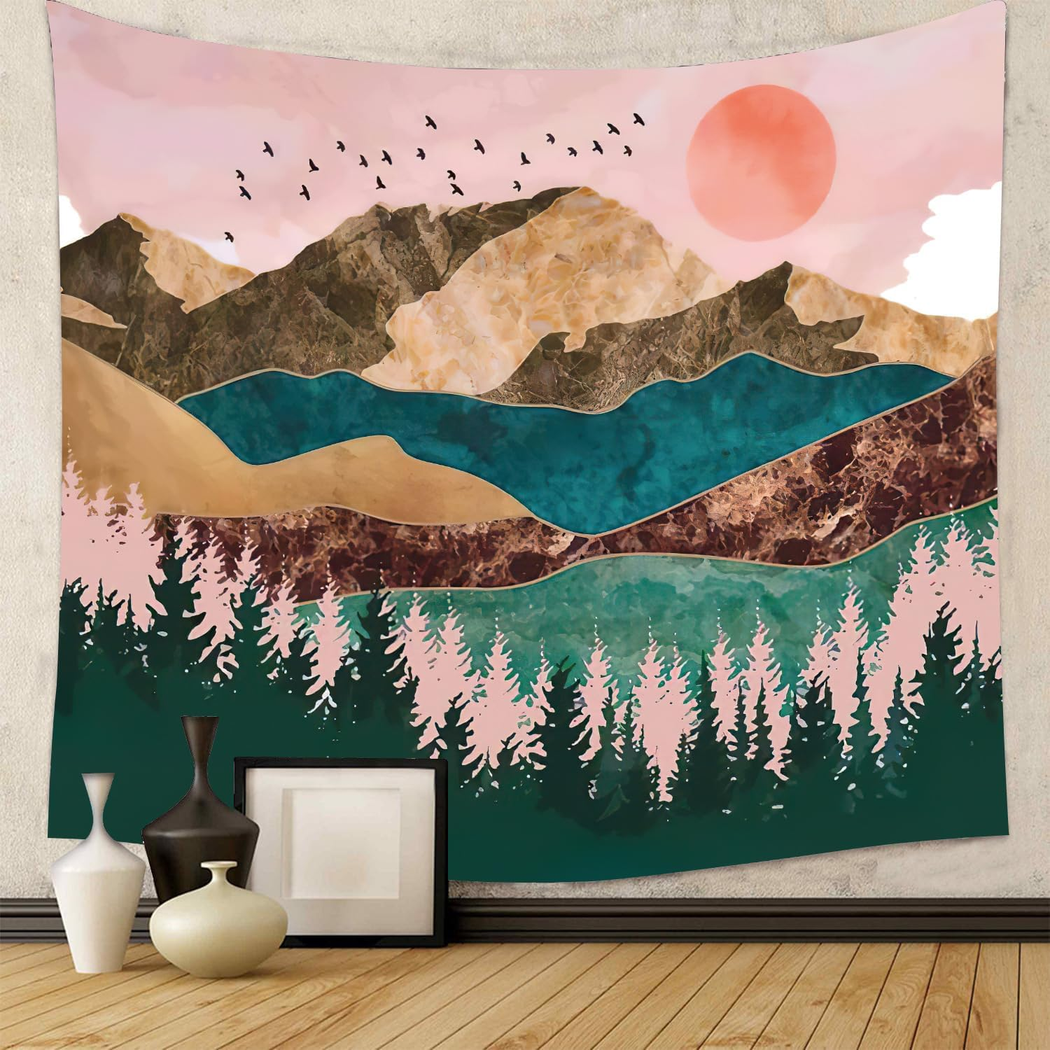 Mountain Tapestry &ndash; 200X150Cm Boho Wall Hanging with Sunrise, Forest, Birds & Pink Sky &ndash; Abstract Nature Landscape Art for Bedroom, Meditation, Living Room &ndash; Steadyink&reg; image number 1