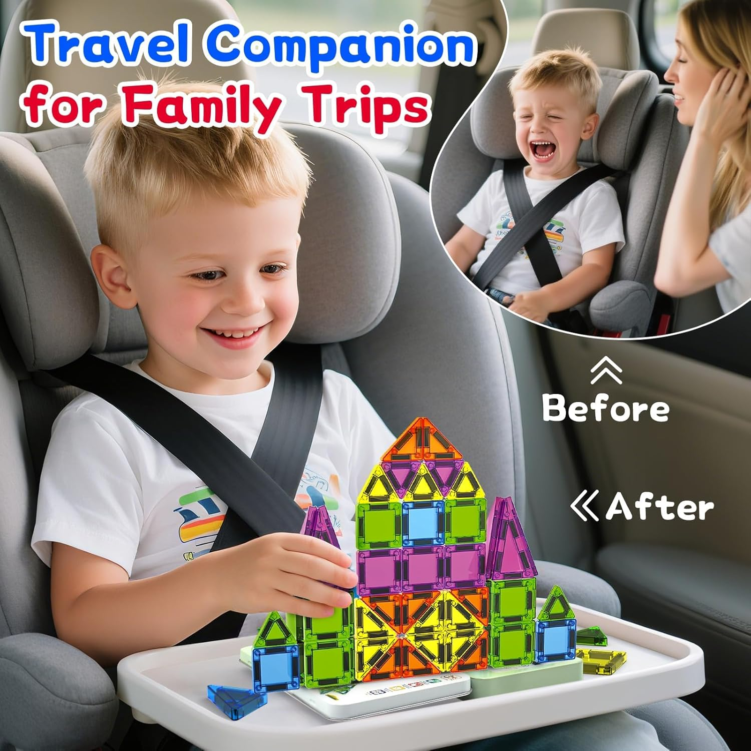 Mini Magnetic Tiles Travel Magnetic Tiles with Box, 50 PCS Magnet Building Block Set Travel Toys for Kids Ages 3+, Educational Portable Magnet Toys Gifts for Toddlers Boys & Girls Christmas Birthday