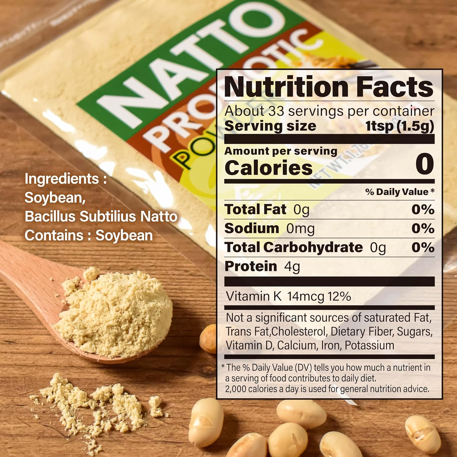 YAMASAN KYOTO UJI Japanese Natto Fermented Soybean Powder, Freeze-Dried Natto Powder, Vitamin K, Japanese Probiotic and Prebiotic Superfood &ndash; Low Sodium, Non-Gmo, Vegan, Made in Japan (50G)