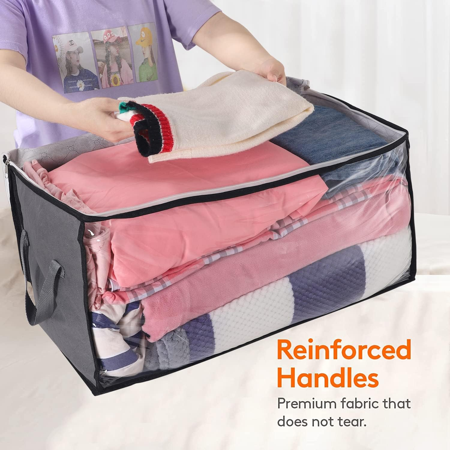 CJWLKJ 54L Clothing & Closet Storage Bags, 6 Pack Closet Organizers and Storage, Clothes Foldable Storage Bins with Handles, Storage Containers for Clothing, Blanket, Comforters, Toys, Bedding, Grey - Grey image number 4