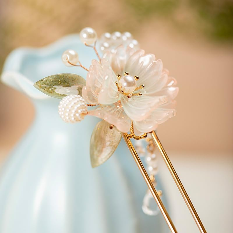 Rabithenn Rainbow Pink Chrysanthemum Pearl Tassels Chinese Hanfu Metal Handmade Hair Clip Hair Accessories for Women Girls Long Hair (Rainbow Flower) - Rainbow Flower image number 5