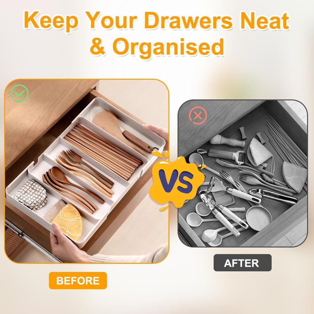 Cutlery Drawer Organiser, Expandable(10.6"-20") Utensil Drawer Organiser, Kitchen Drawer Organizer with 9 Compartments and Non-Slip Base, 4-Way Adjustable Cutlery Tray Organizer for Spoons Forks image number 6