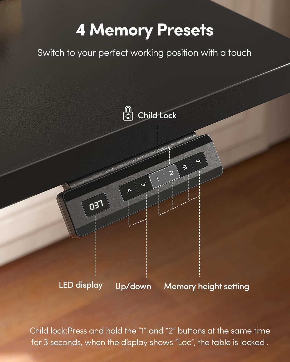 FEZIBO 48 &times; 24 Electric Standing Desk, Whole-Piece Desktop Adjustable Height Desk, One-Piece Quick Install Adjustable Sit Stand Desk, Black image number 5