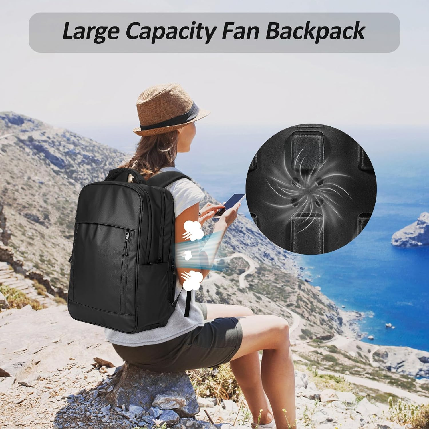 Two Shoulder Bag, Travel Backpack with Cooling Fan 3 Levels of Wind Waterproof Sport Daypack with USB Port Casual Laptop Backpack for Trip School Office image number 6