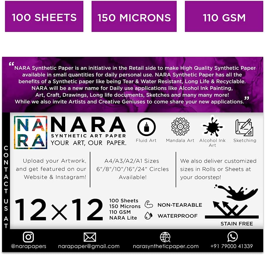 NARA Alcohol Ink Paper | Paper for Alcohol Ink Art Painting | 12 Inches X 12 Inches (12&rdquo;X12&rdquo;) | 150 Microns/110 GSM | Mediumpaper | 10 Sheets| 100% Stain-Free