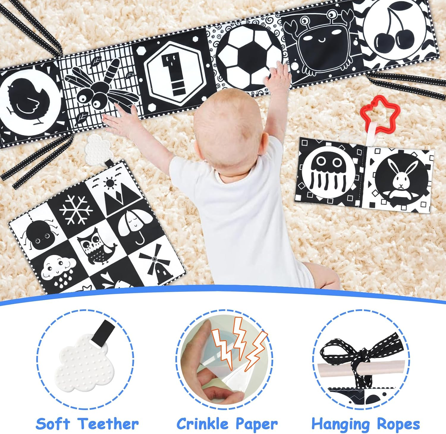 KUANGO Newborn Toys Black and White Baby Toys 0-3 Months High Contrast Baby Toys for Newborn - High Contrast Baby Soft Book Infant Tummy Time Toys Crinkle Sensory Toys for Brain Development image number 6