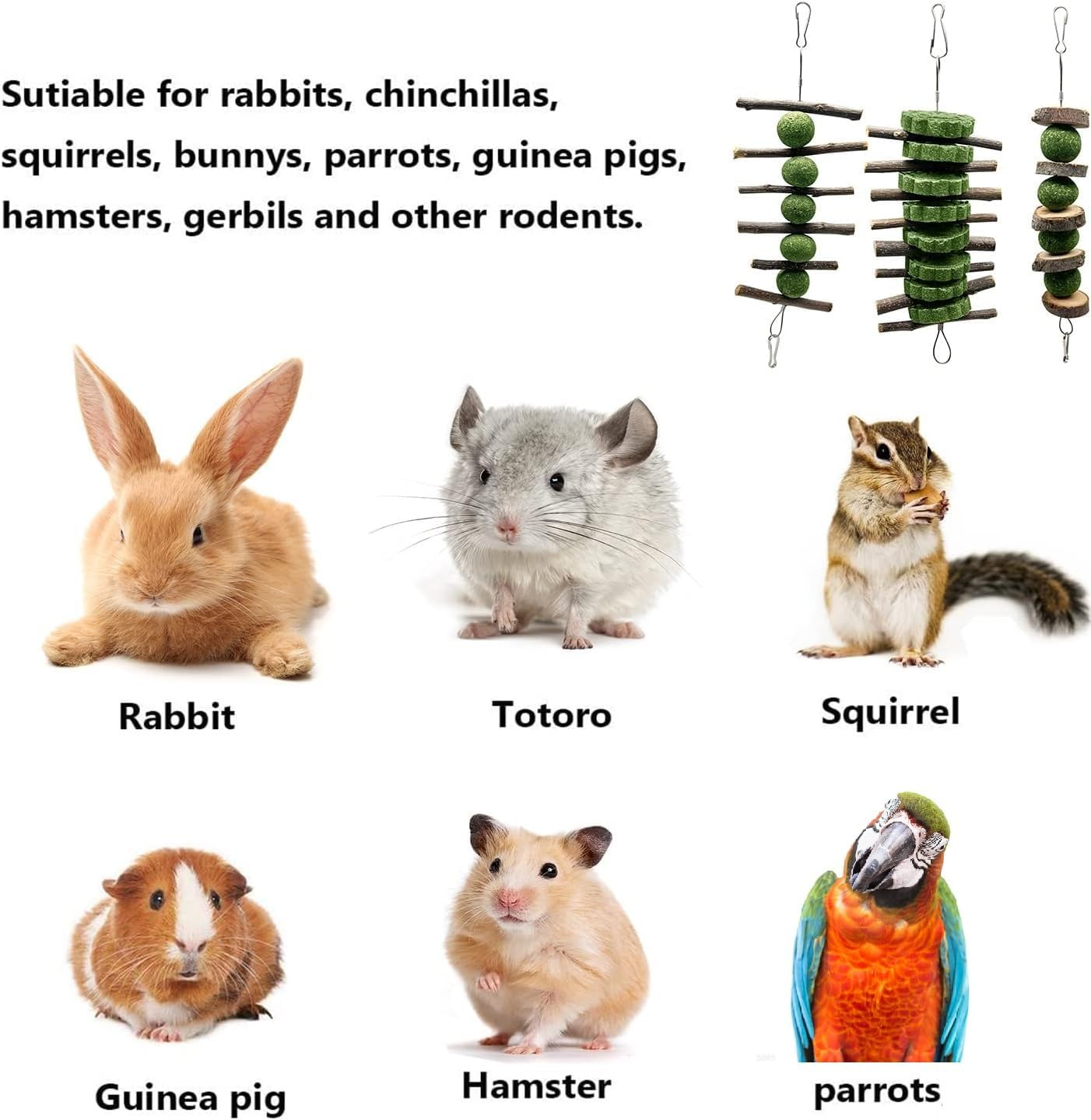 Bunny Chew Toys, Rabbit Chew Toys for Teeth Grinding, Natural Apple Wood Timothy Grass Cake Treats for Rabbits Guinea Pigs Chinchillas Bunnies Hamsters (3 Pcs) image number 4