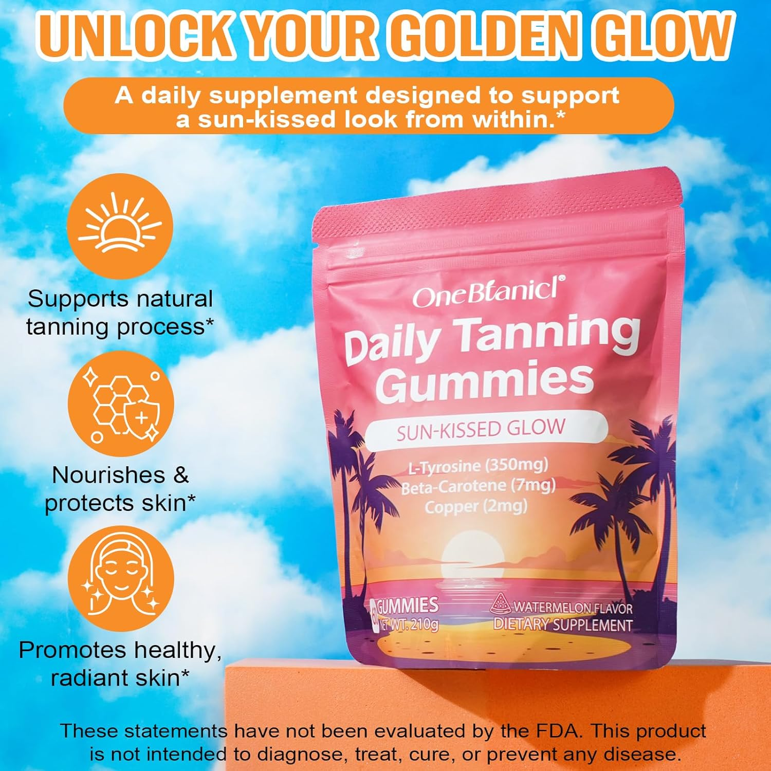 Daily Tanning Gummies,Tanning Gummies with Lycopene & Beta Carotene for Skin Health & Glow, Vegan, Non-Gmo-60 Ct 30-Day Supply image number 3