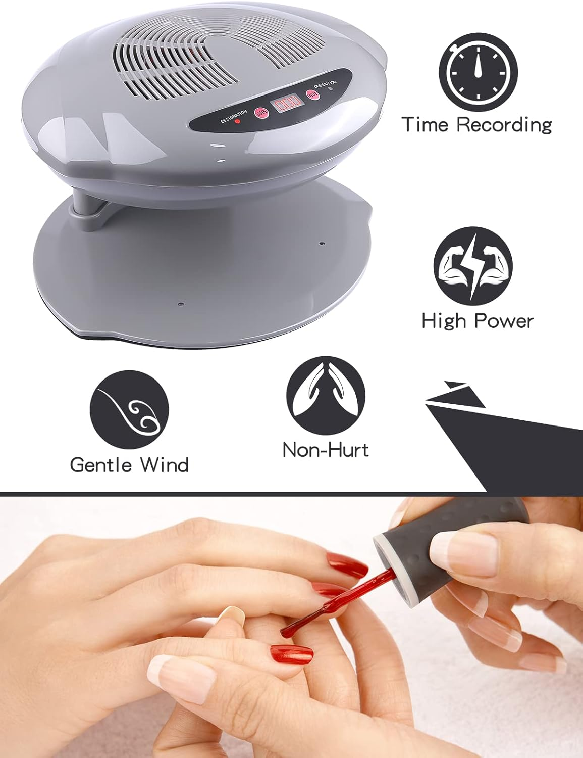 Kalolary Nail Lamp, 400W Air Nail Dryer Nail Fan Hair Dryer for Hands and Feet Nail Polish Automatic Sensor Warm Cool Breeze Use at Home and Salon (Grey) image number 2