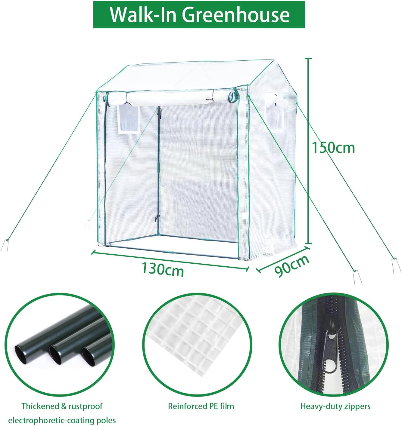 Walk-In Greenhouse, 130 X 90 X 150 Cm Portable Mini Greenhouse , Heavy-Duty Metal Frame, Roll-Up Zipper Door, Screen Windows, Sturdy Green House Kit Winter Hot House(Tall) image number 4