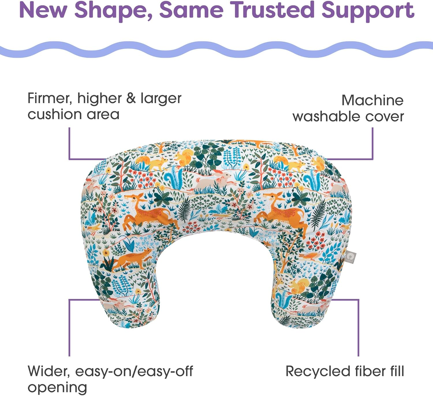 Boppy Nursing Pillow - Ergonomic Bottle & Breastfeeding Pillow with High, Firm, Large Area, Water-Repellent Cushion with Washable Cover; Baby Safety Alliance Verified - Colorful Forest Animals image number 3