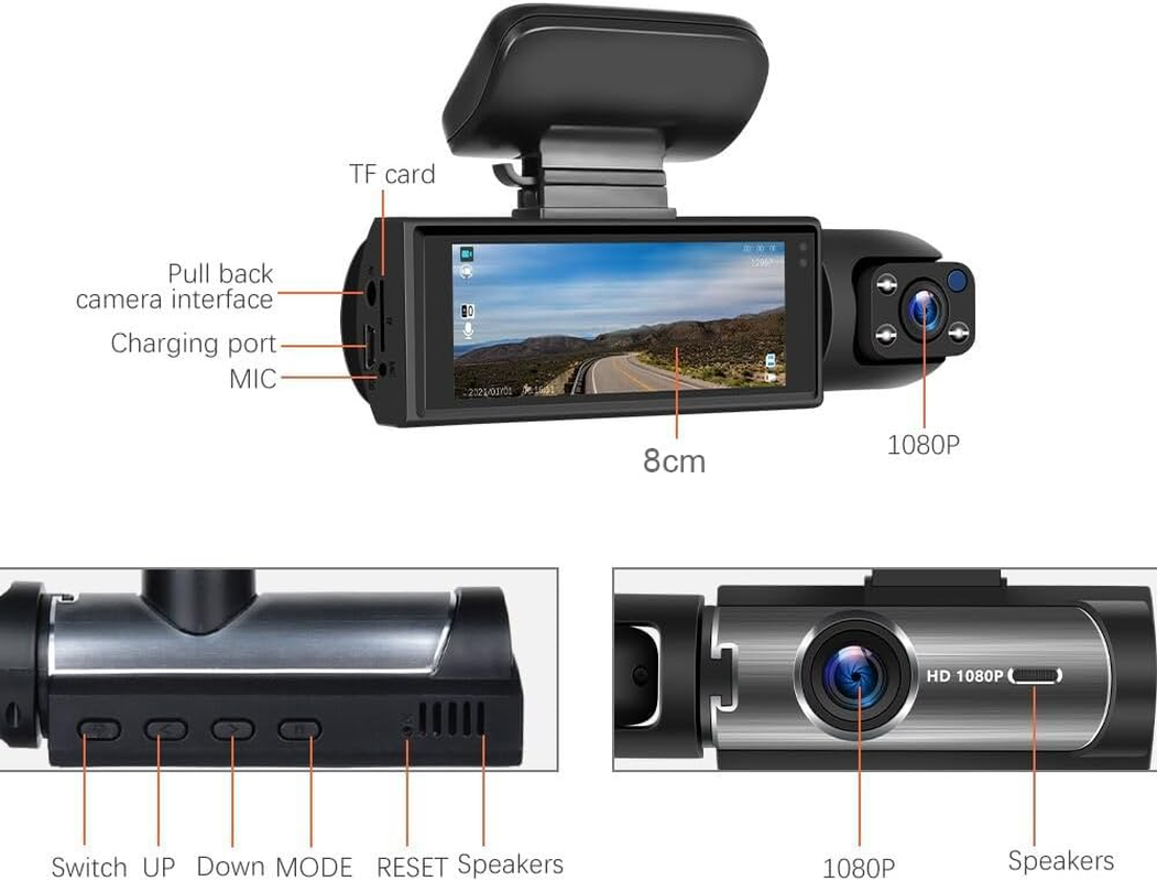Driving Recorder, 1080P Dash Cam with 3.16" IPS Screen Front inside Cabin Dual Car Camera for Private Car Taxi, Vibration Detection Sensor W/Ir Night Vision, 64GB Sdcard Included Loop Recording image number 3