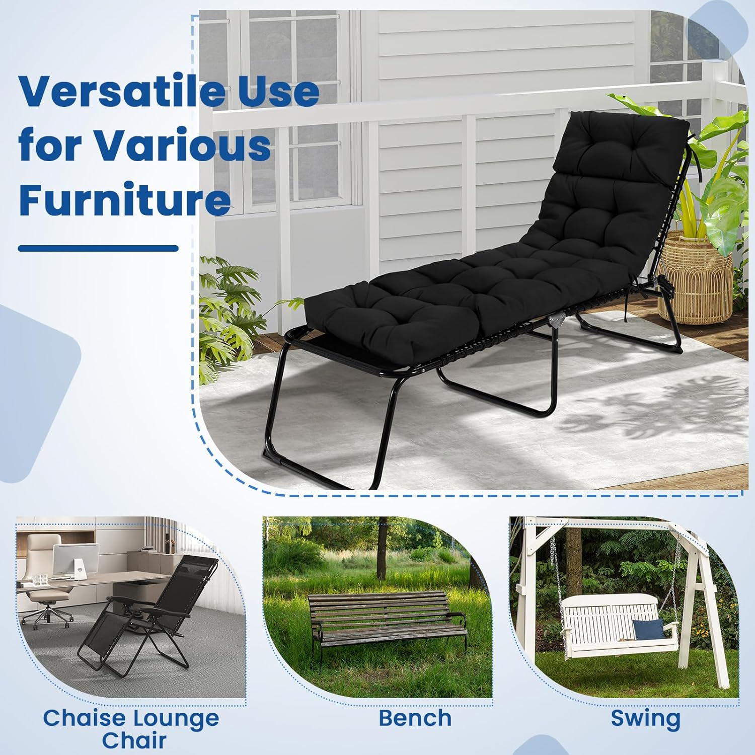 Costway Sunlounger Chair Cushion, High Back Recliner Cushion with 4 Fixing Ties, Thick Padded Reclining Chair Rocking Cushion for Outdoor Indoor (Only Cushion) (2, Black, 186 X 56 X 11 Cm) image number 6