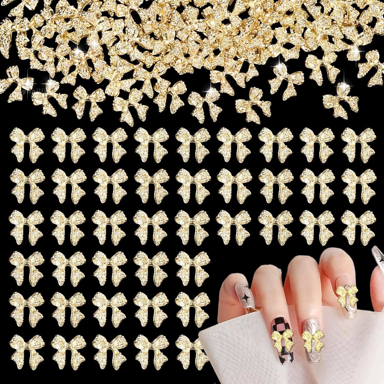 80 Pcs 3D Bow Metal Nail Charm, Gold Nail Bows Charms for Alloy Nails, Luxury Shiny Bows Nail Jewelry Charms, Luxury Cute Bows for Nail Art Accessories Design DIY Crafts image number 3
