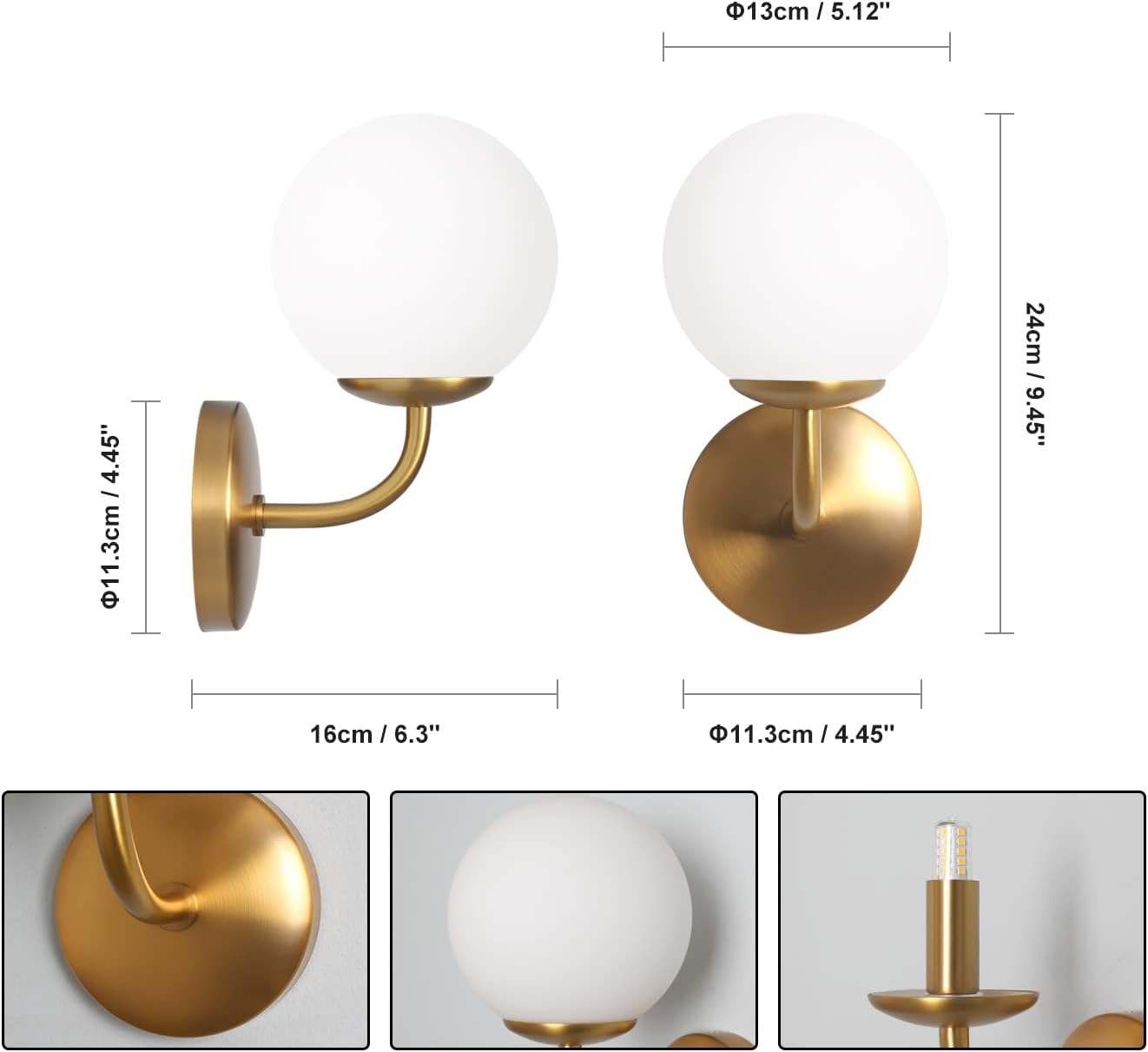 DAWALIGHT Globe Wall Light Bathroom Vanity Lights Mains Powered G9 5W 3000K Warm White LED Bathroom Wall Lamp Waterproof Wall Lighting Fixture for Living Room Bedroom Dining Room,Brass