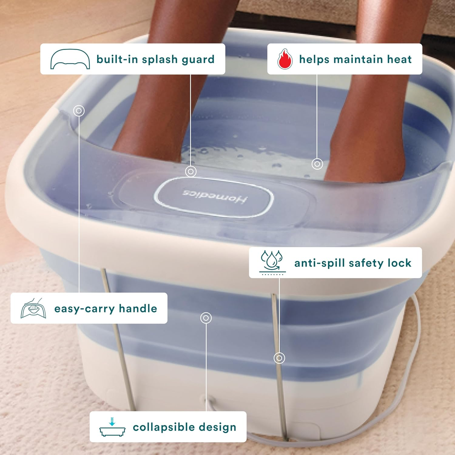 Homedics Smart Space Essential Collapsible Footbath, Invigorating Bubble Massage, Heatkeep Technology, Patented Collapsible Design, Safety-Lock System, Safe for Bath Salts, Bath Salts Included image number 4