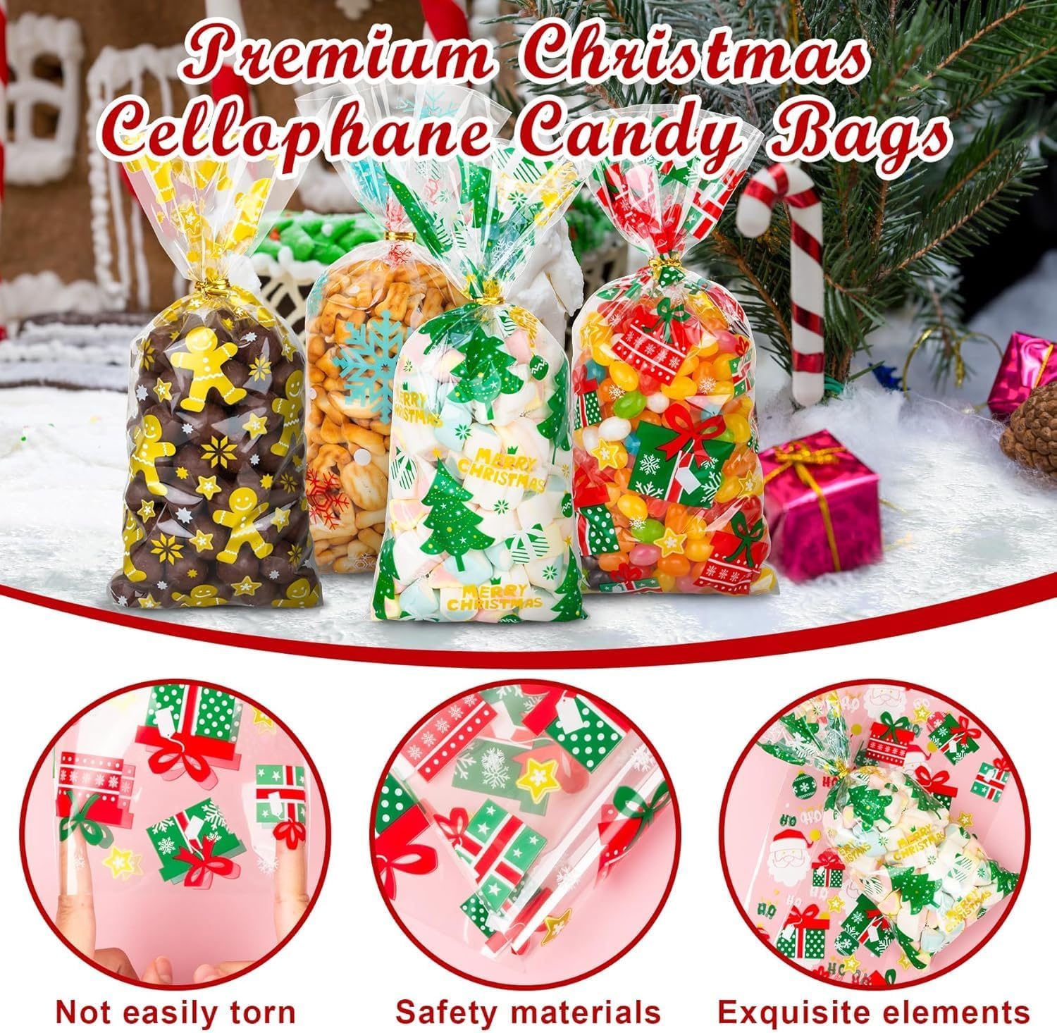 Xmas Candy Bags with Twist Tie, 10 Styles Christmas Cellophane Candy Bags, 100 Pcs Twist Ties for Cookie Goodies Gift Present Wrap Xmas Party Favor Supplies 5 Styles image number 5
