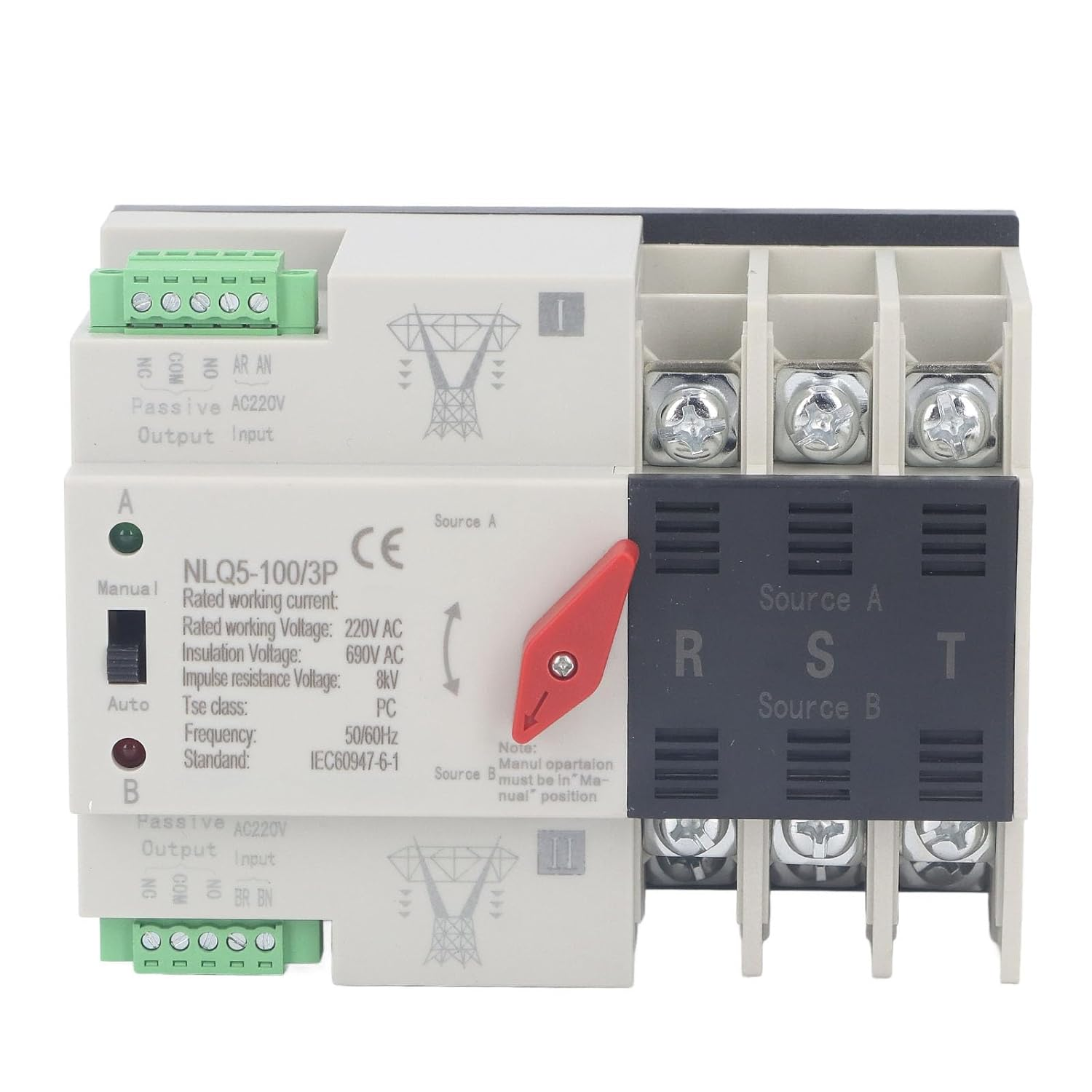 Dual Power Automatic Transfer Switch, 3P AC Flame Retardant PC Transfer Changeover Switch for Home (63A) image number 5