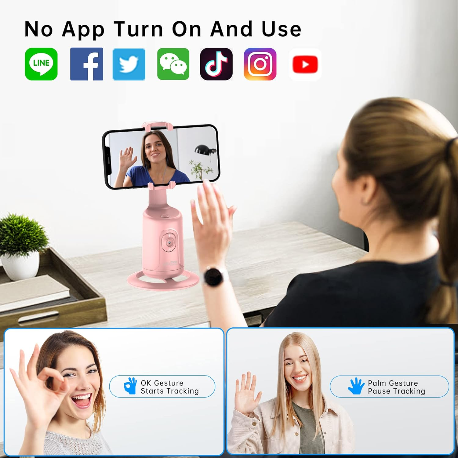 Auto Tracking Phone Holder, Auto Face Tracking Tripod, Portable All-In-One Smart Selfie Stick 360 Rotation Fast Face & Object Tracking Cameraman Robot Mount for Phone Video Vlog Live Streaming(Pink) - Pink image number 1