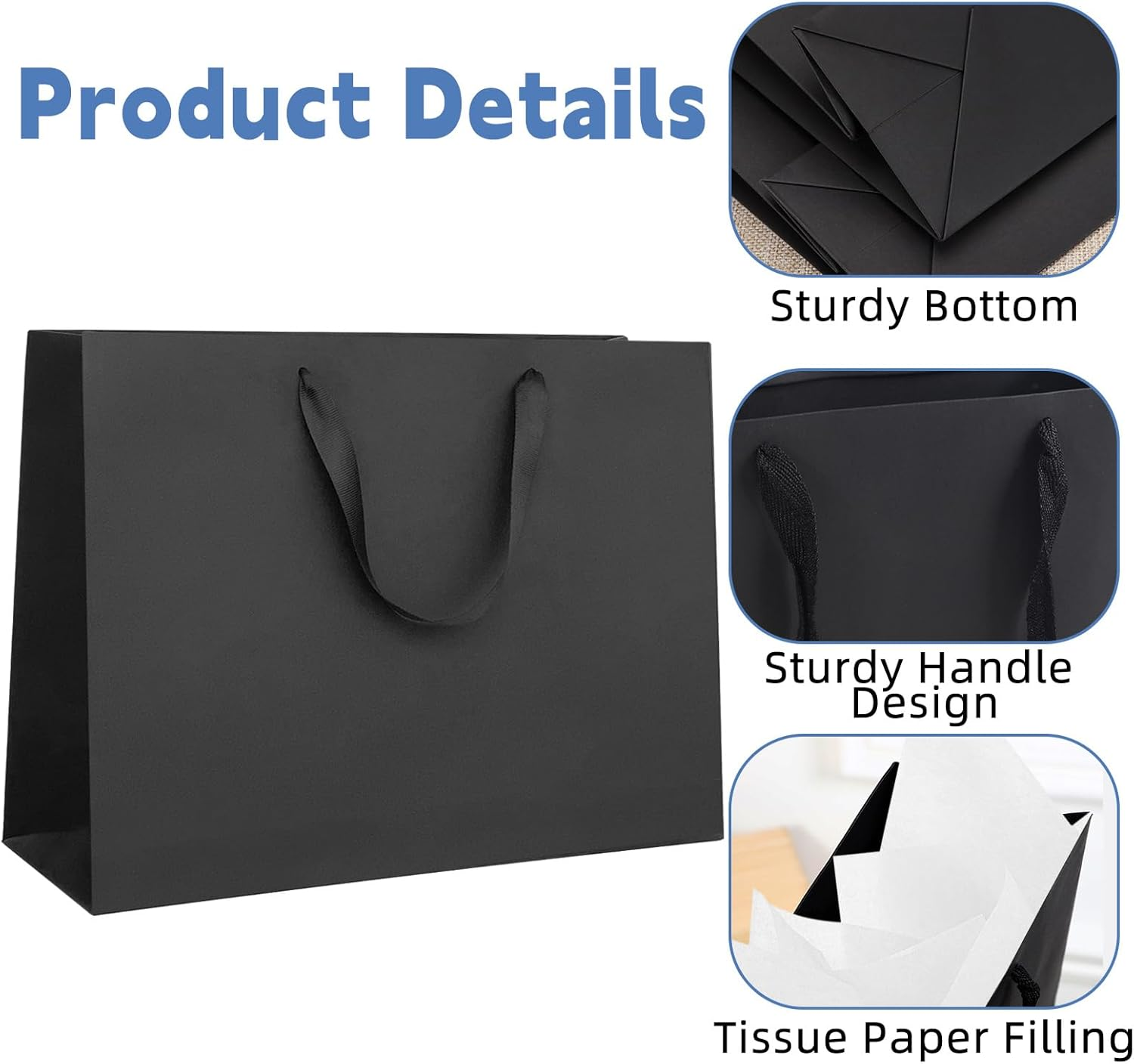 Fayrvind 6 Pack 40 X 28 X 12CM Black Gift Bags with Handles,Large Size Gift Bags Bulk with White Tissue Papers for Christmas Birthday Graduation Anniversary Fancy Wedding, Baby Shower Bridesmaid Party image number 1