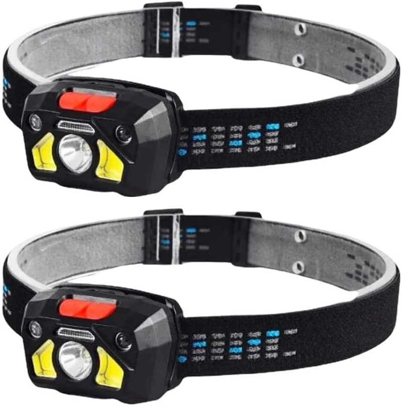 Rechargeable LED Headlamp, Ultra-Light Headlamps for Adults and Kids, Motion Sensor, Waterproof, 6 Modes, Perfect for Camping, Running, Hiking.Pack of 2
