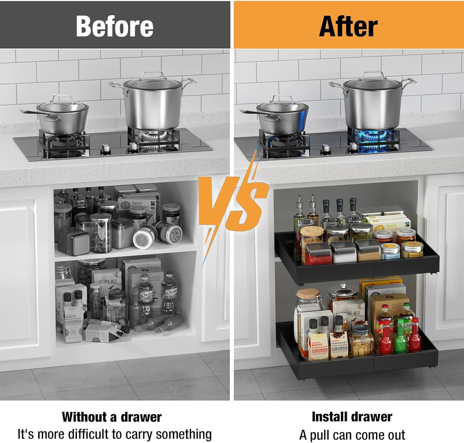 2 Pcs Pull Out Cabinet Organizer, Expandable(12.6"-20.5") Heavy Duty Slide Out Drawers Fixed with Adhesive Nano Film for Pots, Rollout Shelf Storage for Kitchen Cabinet Organization, Pantry, Bathroom image number 6