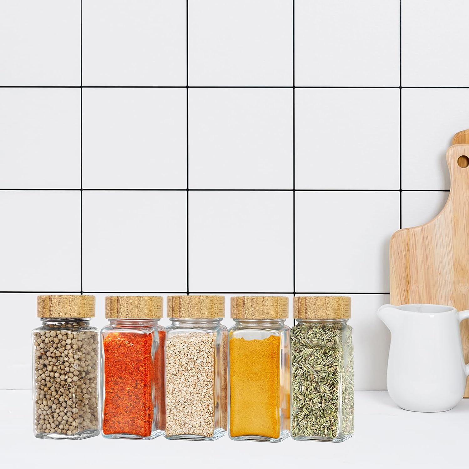 Yuroochii 24 Glass Spice Jars with Label, 120Ml Square Seasoning Bottle with Bamboo and Wood Cap Set, Spice Bottles Funnel, Empty Spice Jars and Shaker Lids Spice Containers image number 4