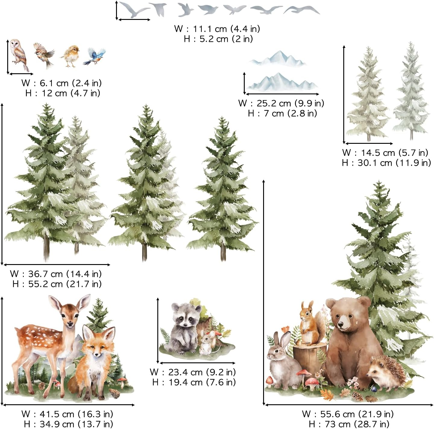 DECOWALL SG4-2422 Pine Trees and Forest Animals Wall Stickers Mountain Woodland Bear Deer Fox Wall Decals Kids Room Nursery Bedroom Decor Baby Room Playroom Removable Art Murals