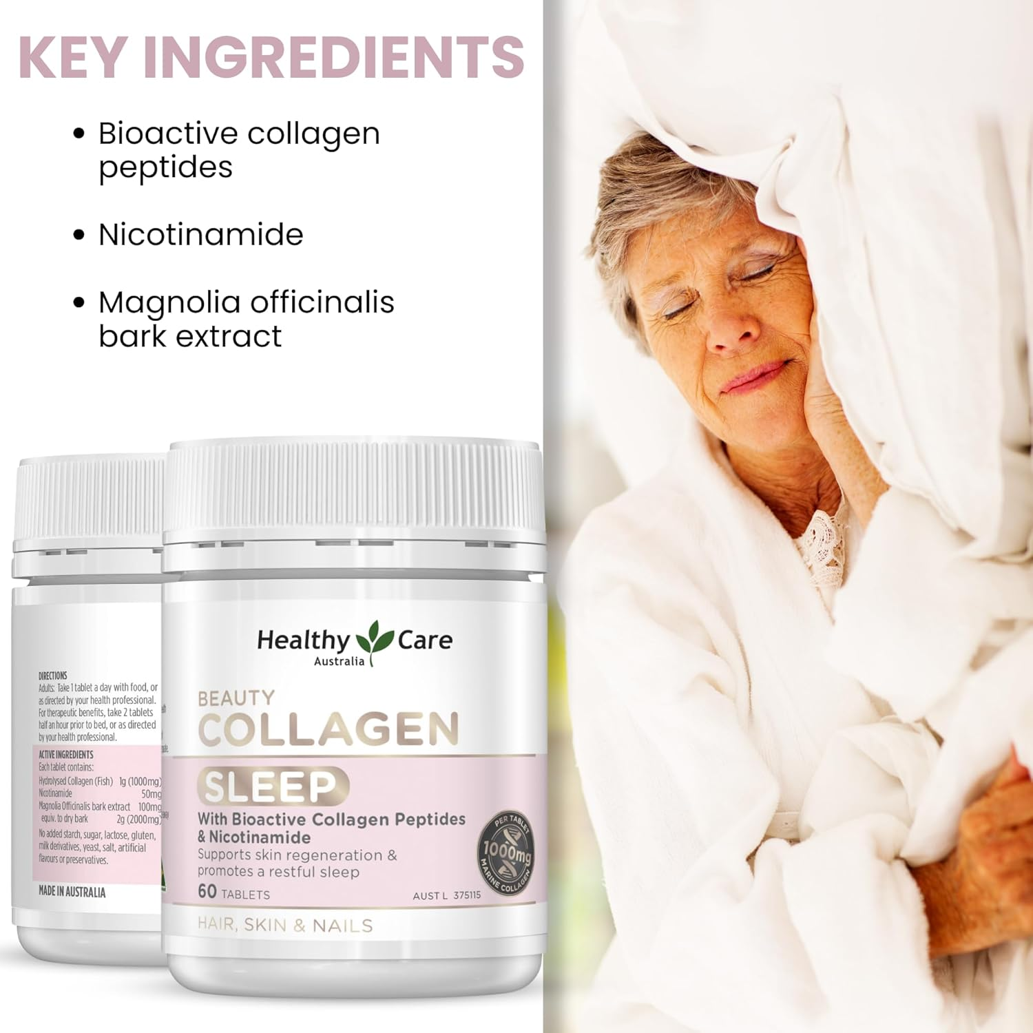 Healthy Care Beauty Collagen Sleep Capsules - Supports Skin Health and Promotes Restful Sleep - Premium Dietary Supplement - All-Natural Ingredients - 60 Tablets image number 6