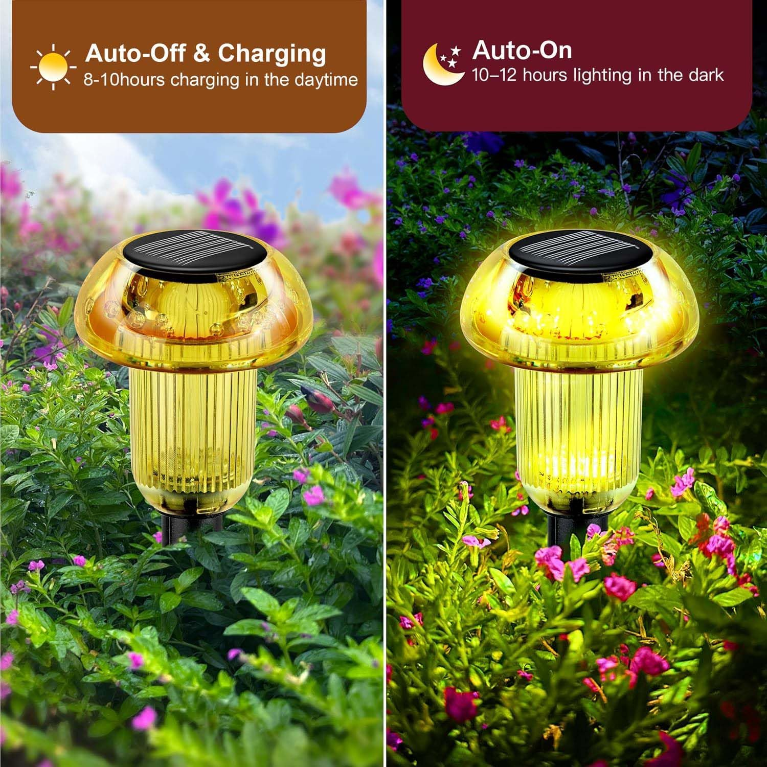 Solar Lights Outdoor Pathway Lights 4 Pack LED Waterproof Golden Mushroom Shape for Garden Driveway Walkway Landscape Path Lawn Yard Decor