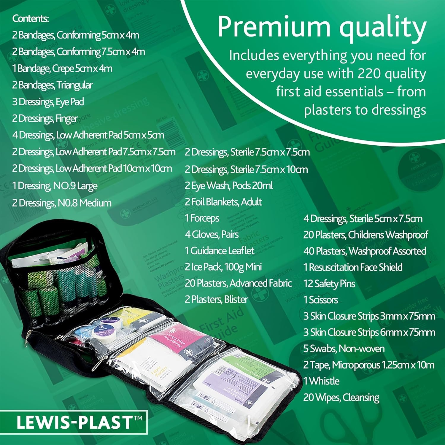Lewis-Plast First Aid Kit Bag - 220 Piece Survival Kits - Safety Essentials for Travel, Car, Home Camping, Work, Hiking, Holiday, Outdoor Activities - Pack Supplies - Large image number 2