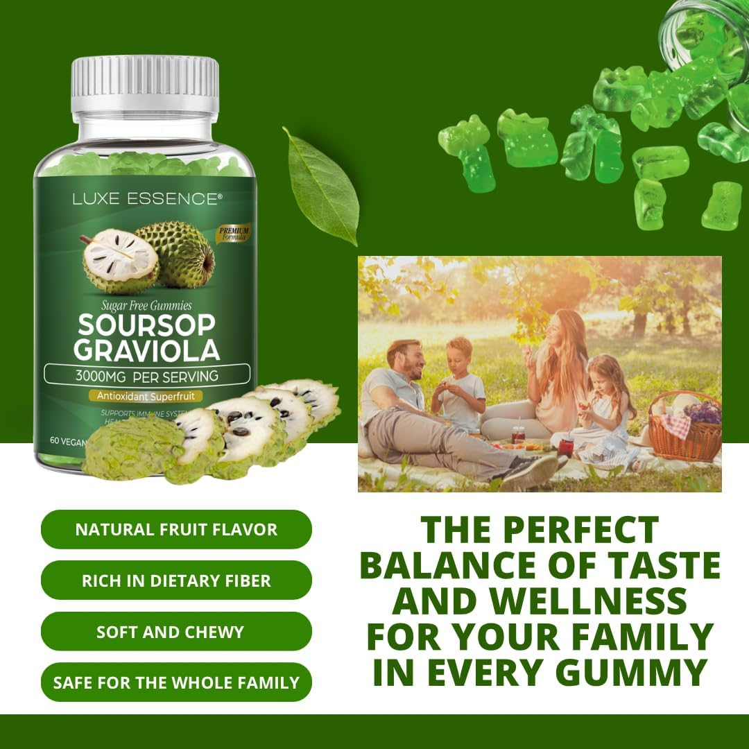 Soursop Graviola Gummies 3000Mg | Soursop Leaves & Fruit Gummies | Graviola Extract | Immune & Digestive Health Support | Sugar-Free, Gluten-Free, Non-Gmo, Vegan Friendly | Natural Apple Flavor | 60 Count image number 3