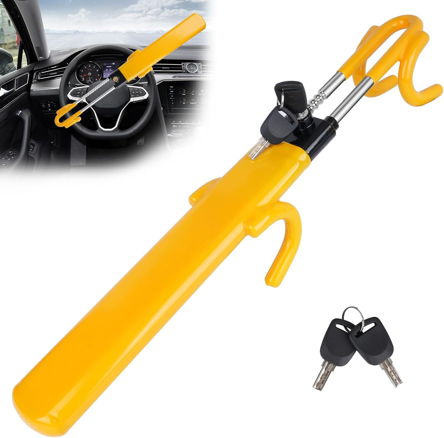 Steering Wheel Lock, Heavy Duty Anti-Theft Security Device for Cars, Adjustable Length Clamp, Double Hook Lock, Suitable for Multiple Car Models