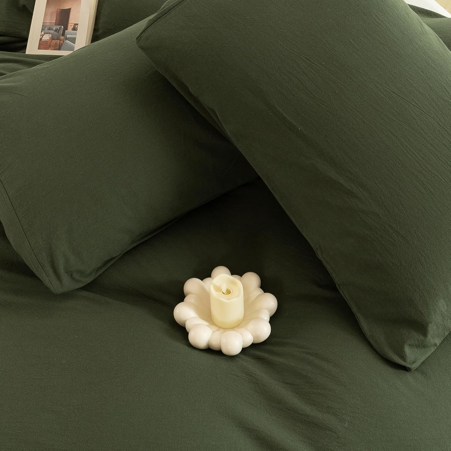 ECOCOTT 3 Pieces Duvet Cover Set Queen 100% Washed Cotton 1 Duvet Cover with Zipper and 2 Pillowcases, Ultra Soft and Easy Care Breathable Cozy Simple Style Bedding Set (Avocado Green) image number 2