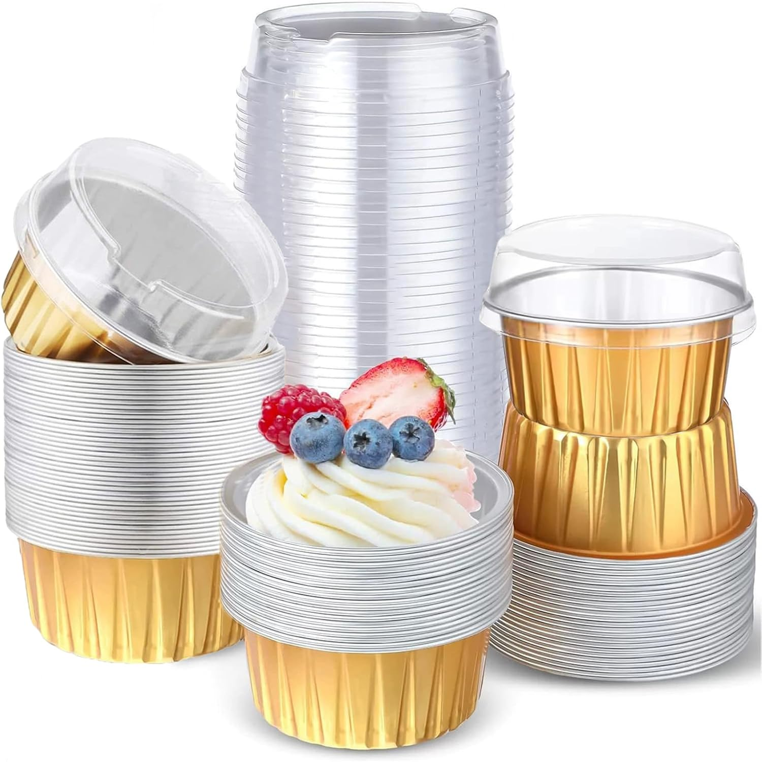 50 Pcs 5Oz Reusable Aluminum Foil Cupcake Baking Cups Mini Dessert Pudding Cups with Lid Oven Safe Baking Containers Perfect(Gold) image number 2