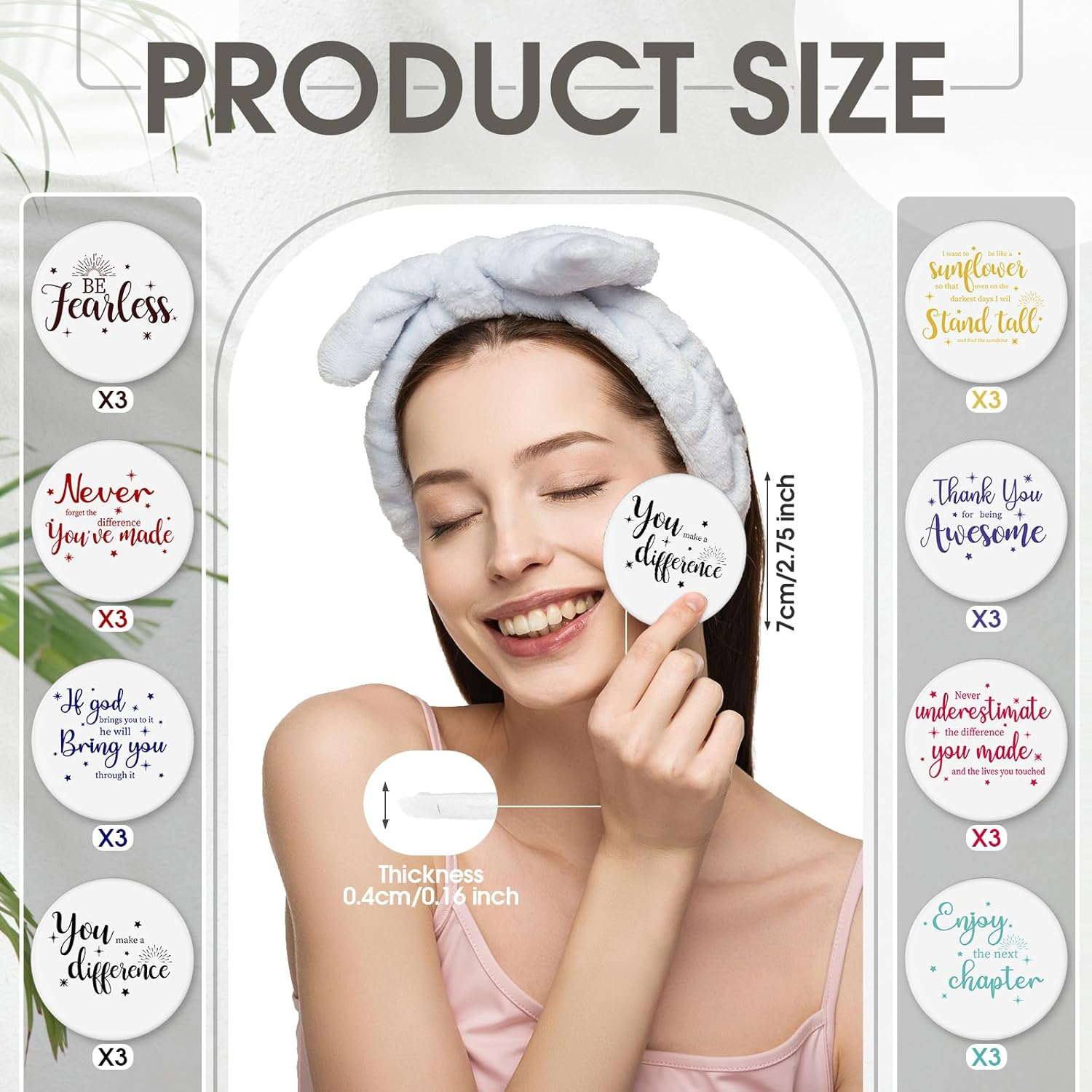 Kigley 2.8 Inch Inspirational Compact Mirror Bulk round Portable Pocket Makeup Glass Mirror Purse Mini Small Mirror for Women Teacher Girls Coworker Friends (White Base, 24 Pcs) image number 2