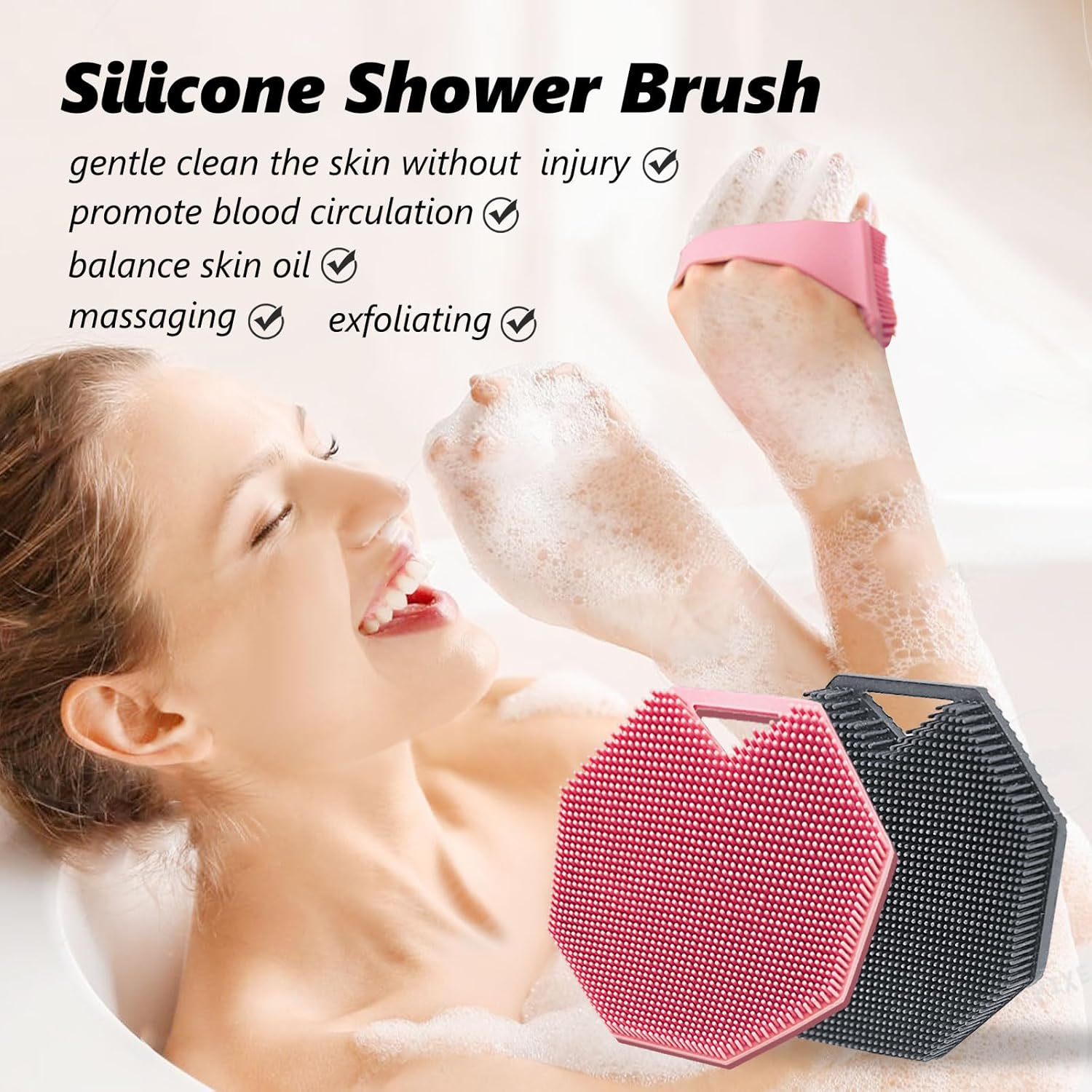 2 Pack Silicone Body Scrubber, Exfoliating Body Scrubber for Sensitive Skin, Silicone Loofah with Anti-Slippery Handle, Stays Clean Easily, Travel-Friendly for Men & Women (Gray + Purple) - Gray  Purple image number 2