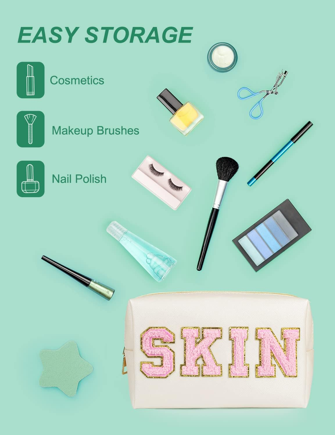 Makeup Bag, Synthetic Leather Patch Cosmetic Bag with Skin Chenille Letter for Travel, Girlfriend or Wife, Present for Girls, Daughter, Sister and Mother image number 1