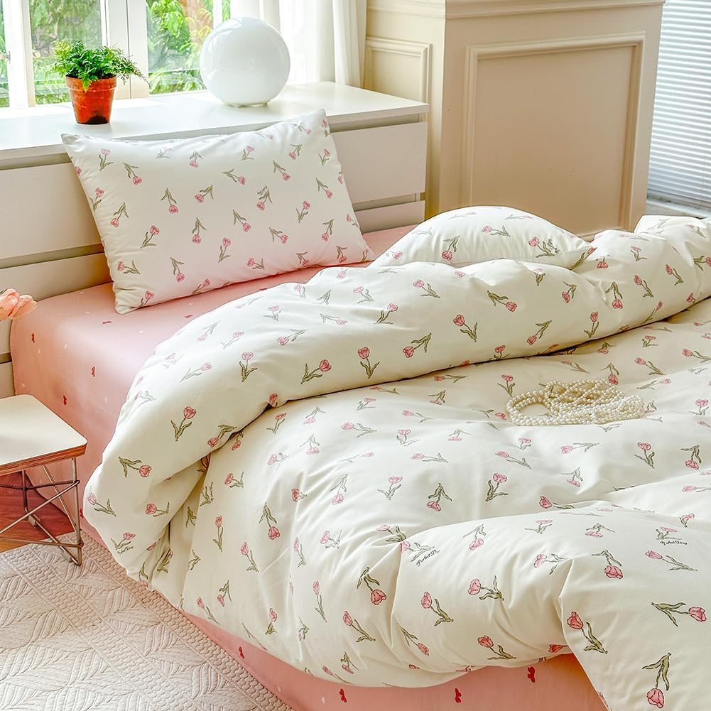 Covebett Cotton Duvet Cover Double Size White Pink Floral Flower Tulip Reversible Bedding Set 3Pcs, 1 Aesthetic Girls Quilt Cover 200X200 Cm with Zipper Closure and 2 Pillowcases 50X75
