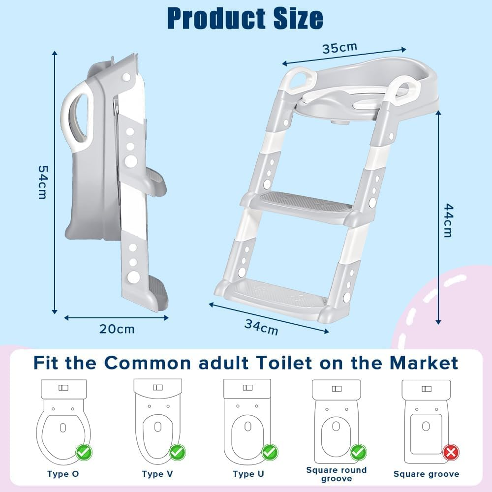 Yakiter Potty Training Seats, Kids Toilet Training Seat with Step Stool, Adjustable Height Ladder Guard Handle Soft Cushion White, Step Stool 2 in 1 Foldable Chair for Baby Toddler Boys Girls (Grey) image number 3