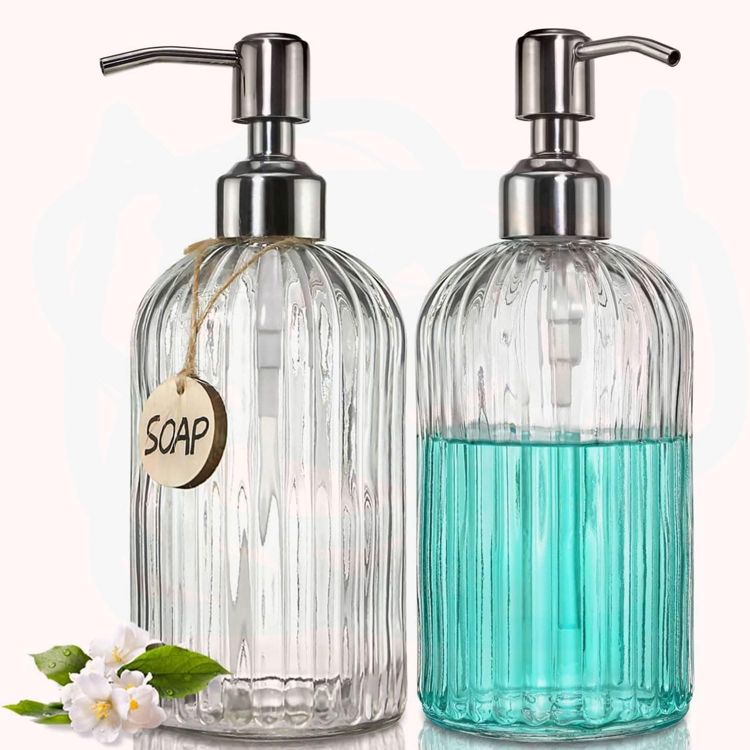 YIRANJIA 2-Pack 18 Oz Glass Soap Dispenser with Rust-Proof Stainless Steel Pump - Refillable Vertical Stripe Design for Kitchen & Bathroom image number 2