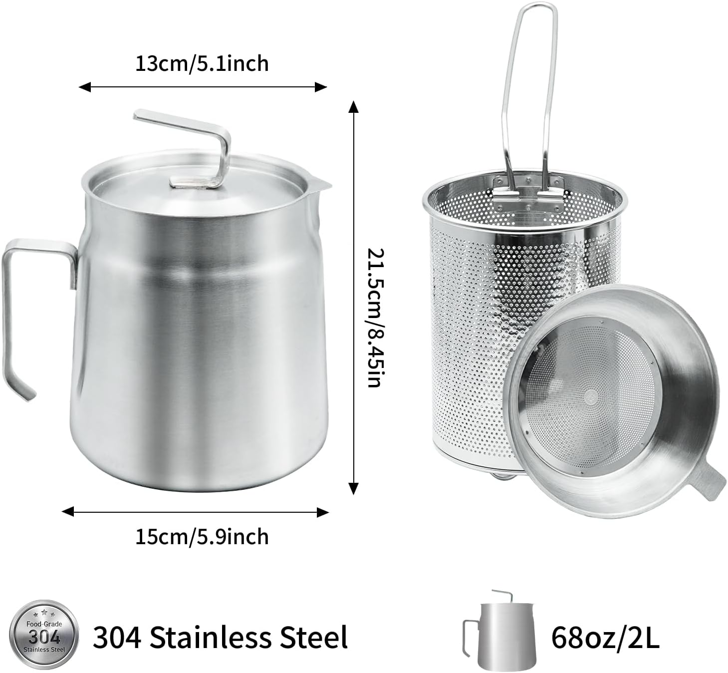 AVOWB.T.Q 304 Stainless Steel Oil Strainer Pot, 2.0L Large Capacity Versatile Oil Filter Vessel,Bacon Grease Saver with Fine Mesh Strainer and Frying Basket Frying Net for Kitchen image number 4