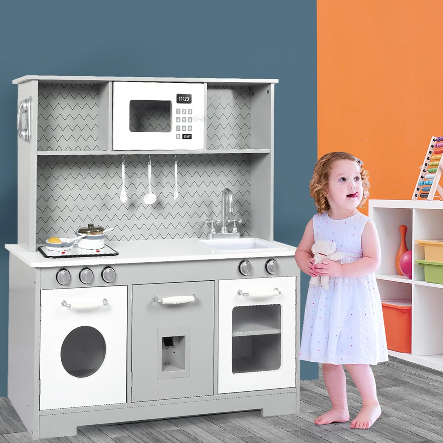 Bopeep Kids Kitchen Playset, Wooden Pretend Play Kitchen, Sink, Faucet, Stove, Microwave, Oven, Utensils, Sweet Accessories, Boys Girls, Grey image number 3