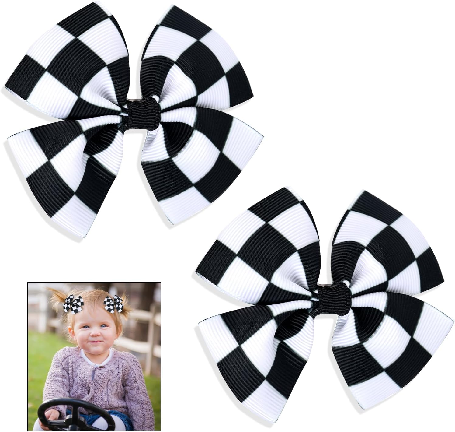 2Pcs Racing Checkered Flag Bow Clips, Hair Bow Clip Black and White Racing Fan Pigtail Hair Clips Hair Accessories Racing Checkered Styling for Kids Women Girls Thick Thin Hair image number 5
