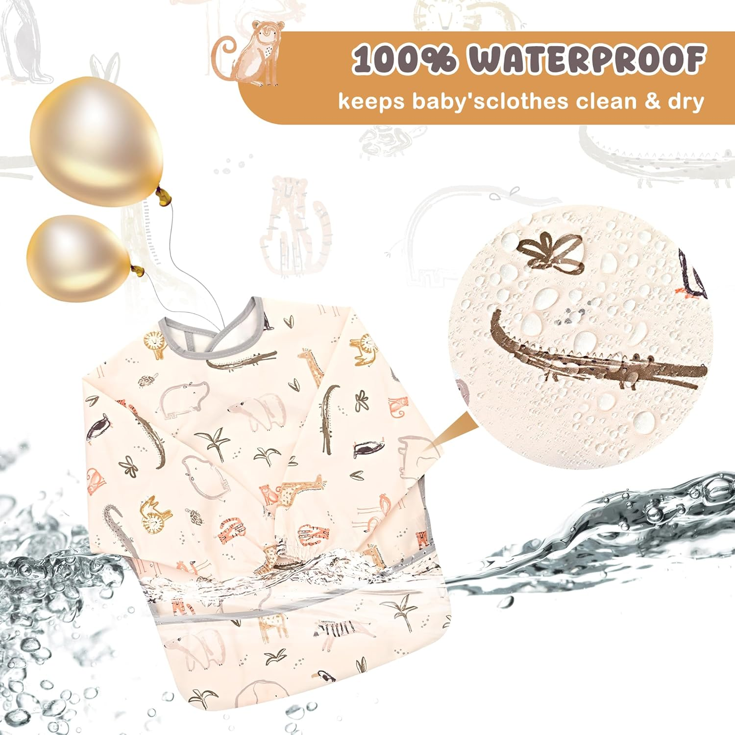 Little Dimsum Mess-Proof Baby Bibs|Infant Toddler Long Sleeve Waterproof Feeding Smock|Catching Food & Wipe Clean(Zoo) - Coconut Tree image number 3