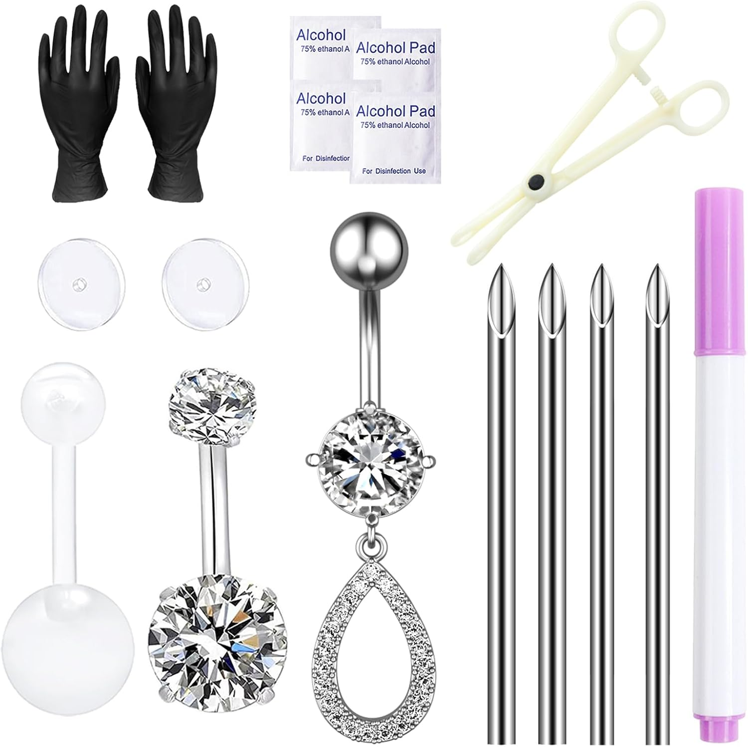 Vessantara Belly Button Piercing Kit - 17 Pcs Belly Piercing Kit Disposable 12G 13G Body Piercing Needles with Belly Button Rings Clamps image number 5