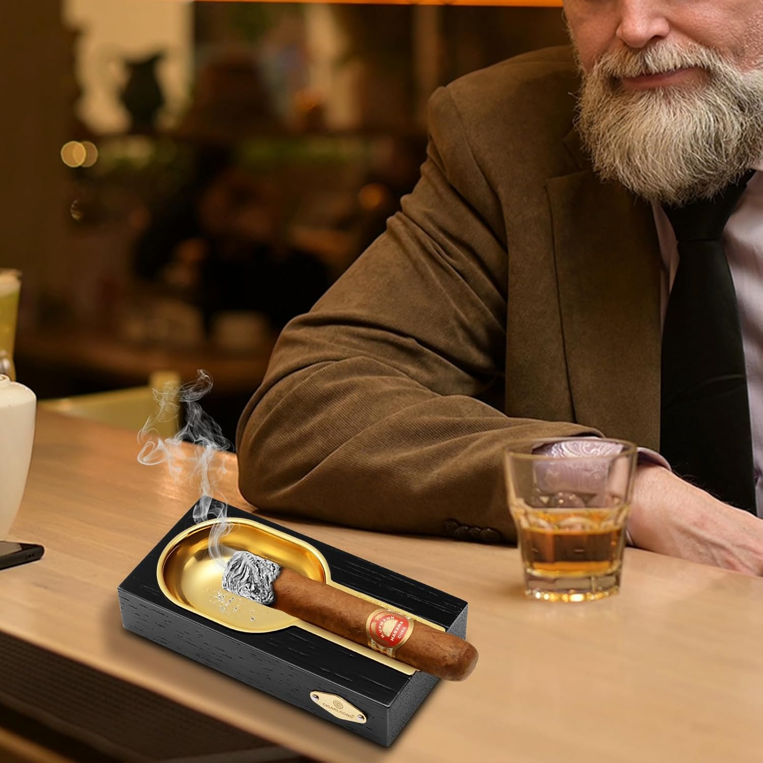 Cigar Ashtray, Wooden & Stainless Steel Slot for Single Cigars, Large Cigar Holder for Household or Outdoors Use (Brown) image number 6