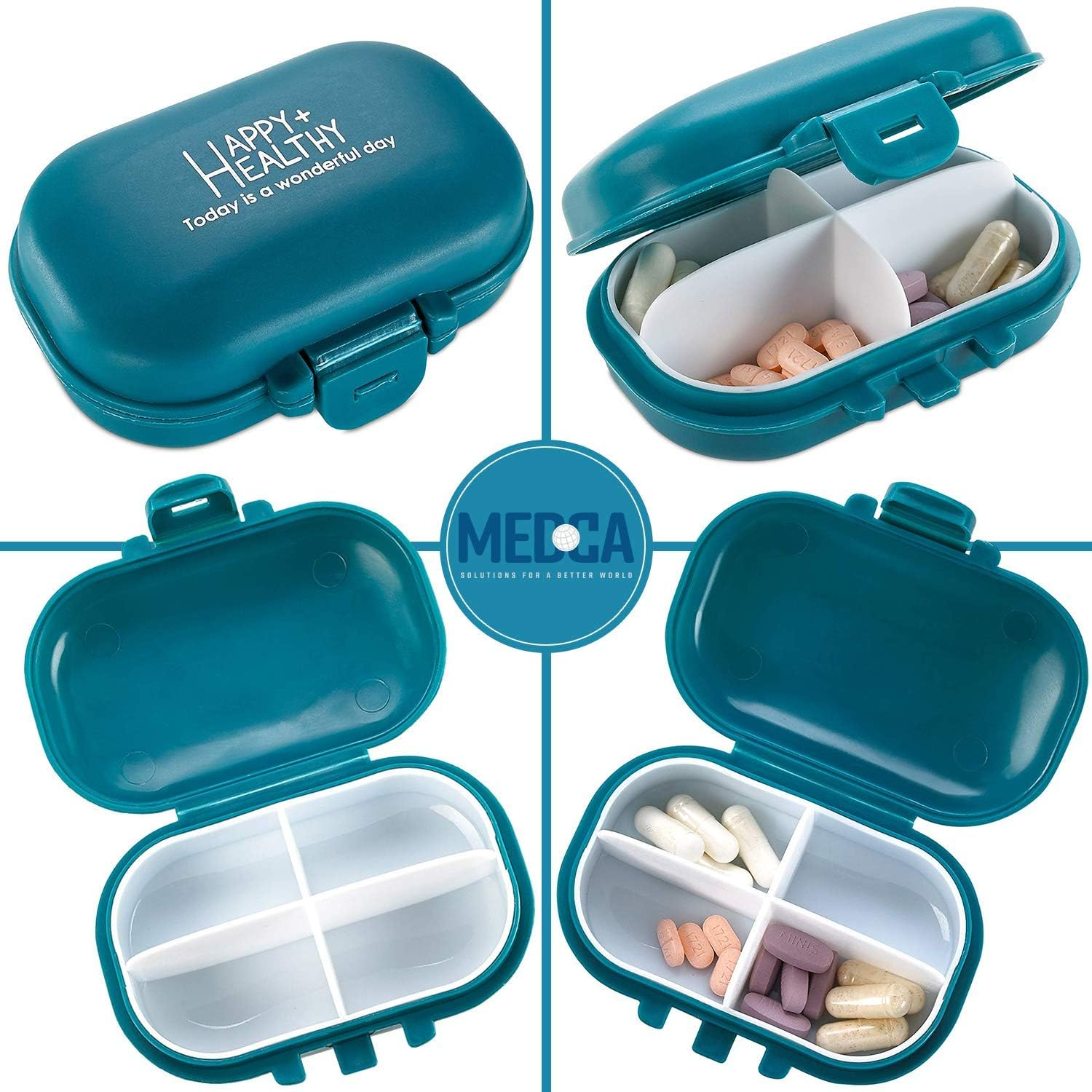 Small Pill Box - (Pack of 2) Pill Organizer Boxes - 4 Compartment Supplement Medication and Vitamin Travel Medication Carry Case - Daily Pill Dispenser