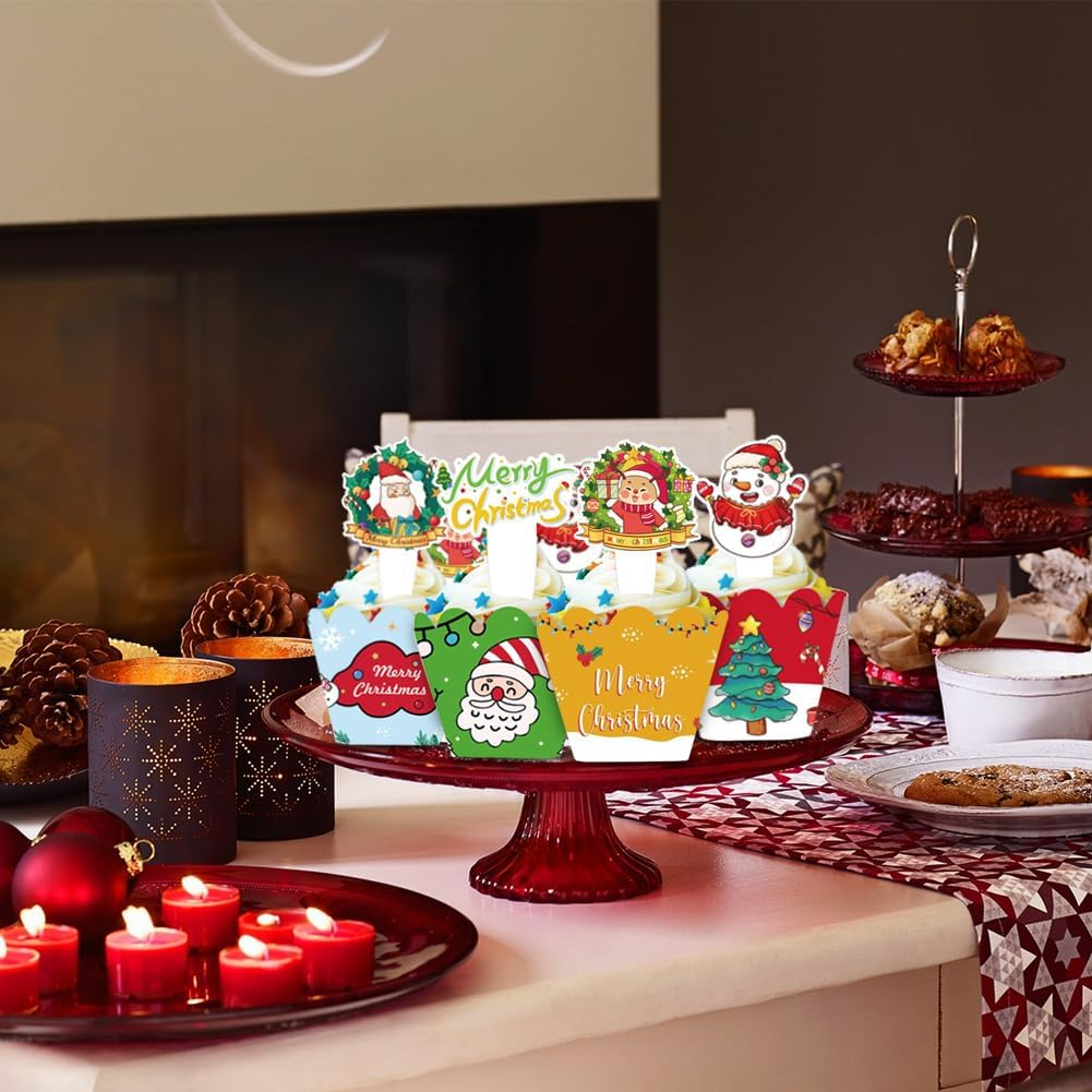 48 Pcs Christmas Cupcake Toppers and Wrappers, Christmas Party Decorations, Santa Claus Snowman Reindeer Christmas Tree Hand Cake Christmas Party Decorations Supplies image number 4