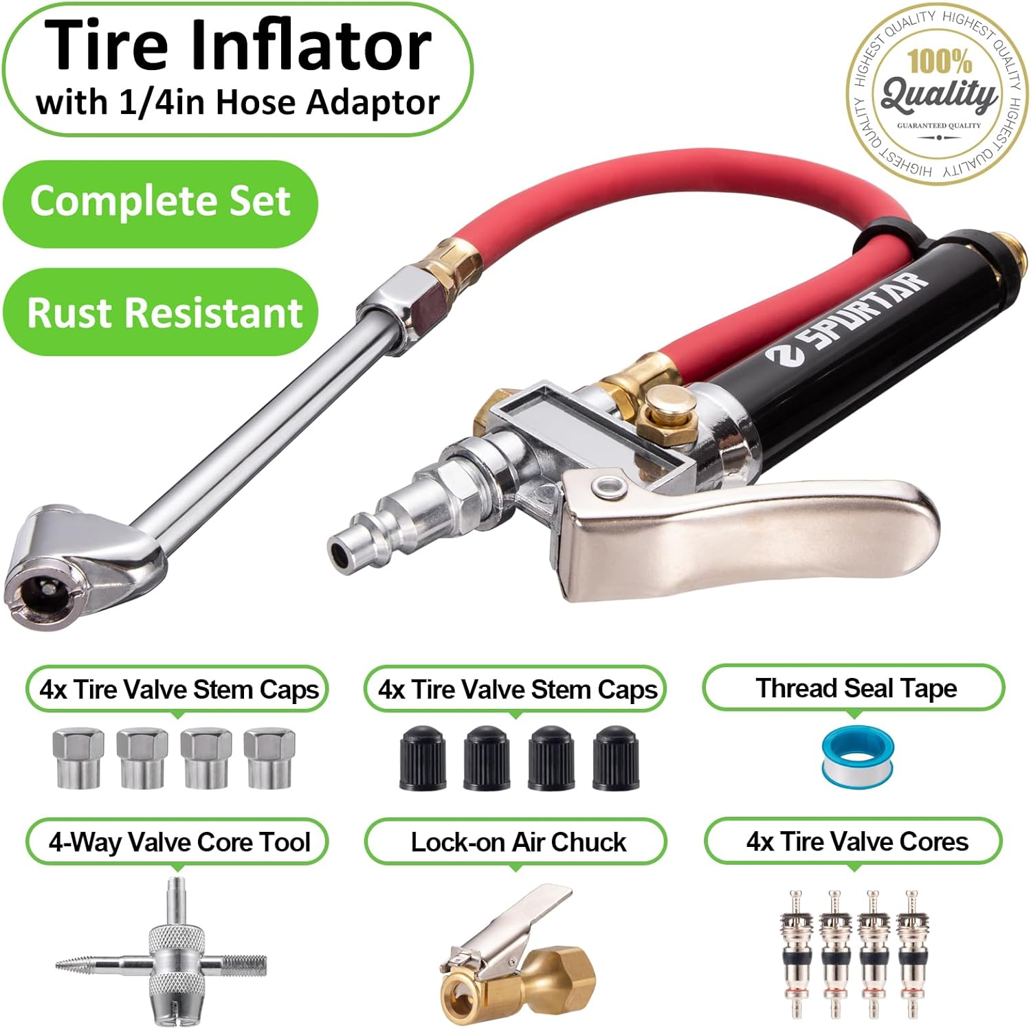 Spurtar 10-120 PSI Car Tire Inflator Gauge with 4 Way Tool and Valve Cores Automobiles Tire Pressure Gun with 12" Hose for Truck Motorcycle Bicycle image number 4